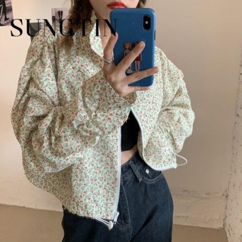 Sungtin Drawstring Slim Waist Floral Coat Women Spring Korean Chic Loose Thin Zipper Jacket Female Flower Print 2021 Spring New