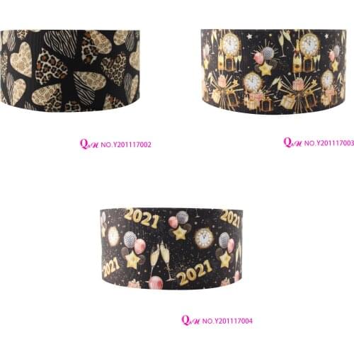 Q&N ribbon 16mm 22mm 25mm 38mm 50mm 75mm 2021 Happy New Year Printed 50yard Ribbons Gift Box DIY Accessories Free Shipping