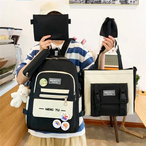 Fashion Women Backpack 5-piece Nylon School Bag For Girls Large-capacity Waterproof Travel Bags Kawaii Pendant Student Bookbags