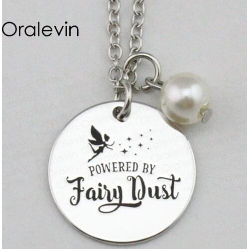 POWERED BY FAIRY DUST Inspirational Hand Stamped Engraved Custom Pendant Link Chain Necklace Gift Jewelry,10Pcs/Lot, #LN2283