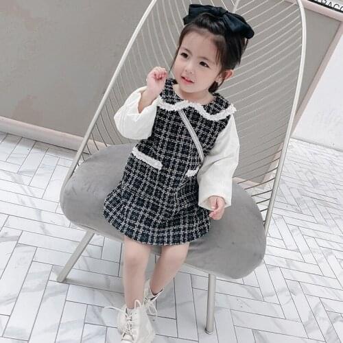 Dress2Pcs Baby Girls Fall Winter Thicken Warm Dress Long Puff Sleeve Doll Collar Plaid Dress + Crossbody Bag Set