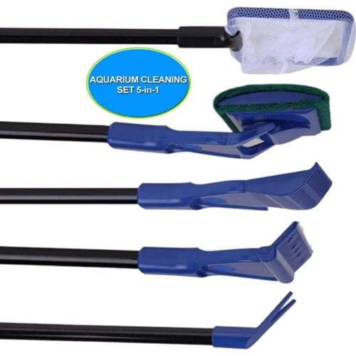 Pmsanzay 5 in 1 Multi-Function - Aquarium/Fish Tank Cleaning Tool Set, Algae Scraper + Fish Net + Sponge + Plant Fork + Gravel R