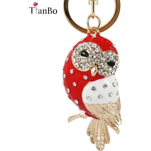 Lovely Red Enamel Owl Key Chains Rings Holder Amazing Rhinestone Cryatal Purse Bag Buckle Pendant For Car Keyrings KeyChains