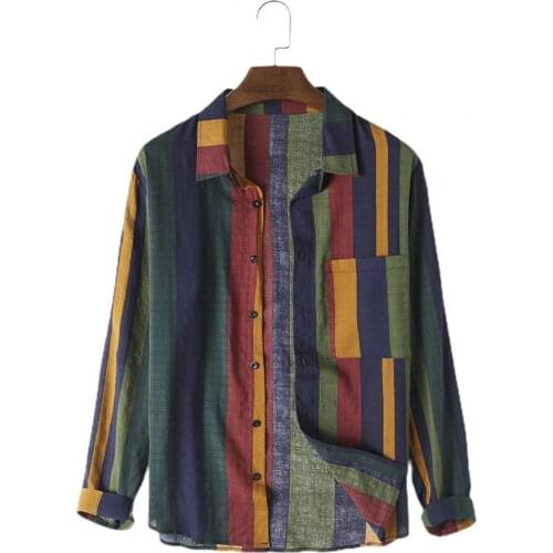 Summer Men Shirt Contrast Color Stripe Long Sleeve Pocket Spring Shirt Streetwear Summer Beachwear Party 2021