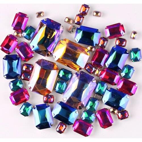 Silver claw setting Rectangle shape 7 sizes mix 50pcs/bag glass crystal sew on rhinestone beads wedding dress shoes bags diy