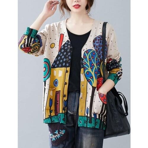 Spring and autumn 2021 new retro literary plus size womens wool cardigan jacket printing long-sleeved sweater