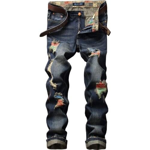 High-quality brand jeans distressed denim trousers youth ripped hip hop mens street ripped straight long jeans