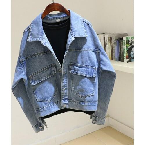Spring Vintage Wash Blue Denim Jacket Coat Women Batwing sleeve Big Pocket Outerwear Big size Loose Short Jeans Jackets Female