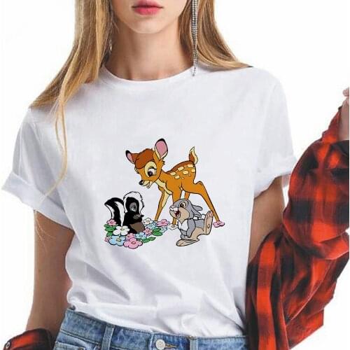 Summer 2021 Women T Shirt Disney Bambi Printed Harajuku T-shirt White Urban Leisure Ladies Tops Elegant Streetwear Short Sleeve