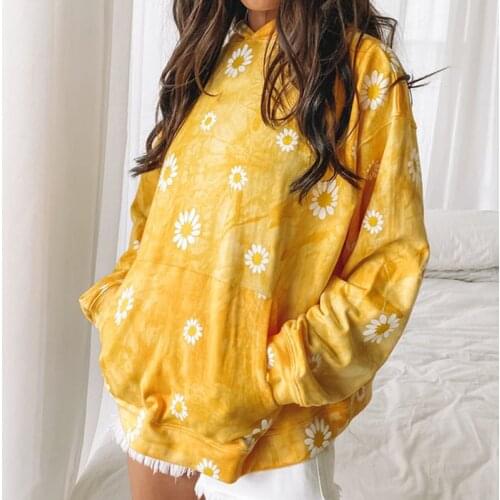 Women Skateboard Sport Daisy Hoodies Autumn Warm Tie Dyed Casual Loose Sweatshirt Elegant Long Sleeve Hoodies Pullover Top