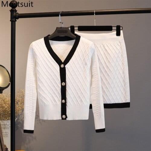 2020 Autumn Vintage Elegant Knitted Two Piece Sets Women Single-breasted V-neck Cardigan + High Waist Skirt Suits Outfits Femme