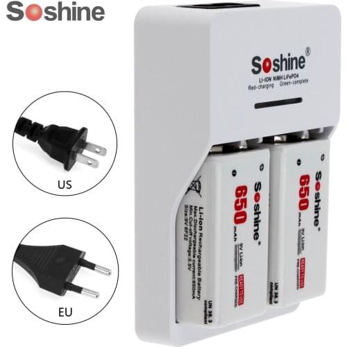 2pcs Soshine 9V 6F22 Li-ion Rechargeable Battery +9V Smart Ni-MH Li-ion Battery Charger EU US Plug with LED Indicators
