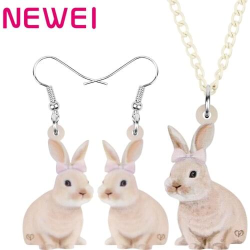Newei Acrylic Brown Easter Hare Rabbit Bunny Jewelry Sets Long Cute Animal Earrings Necklace For Women Girl Charm Gift Accessory