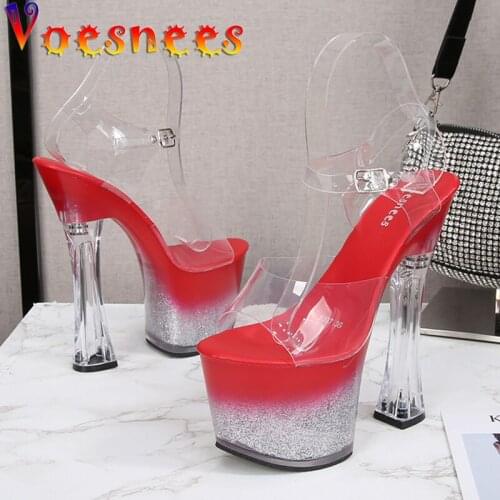 Voesnees Sandals Women 2021 New Sexy Clear Square Heel Buckle High Heels 17cm Waterproof Platform Bling Ladies Pole Dance Shoes