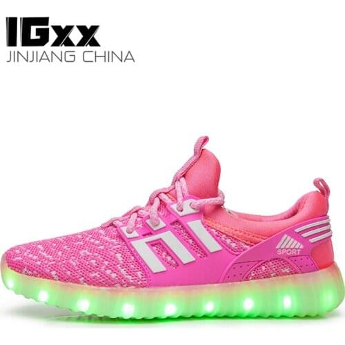 IGxx LED Light Up Shoes For Kids USB Charging Glowing Shoes LED Kids Flashing Shoes Child Luminous Knit Sport LED Sneakers Boys
