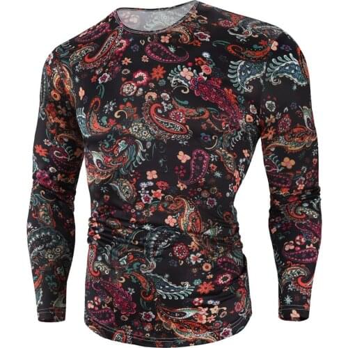 New Fashion Men National Style T-Shirt Men Long Sleeve Slim Round Neck Casual Male Printed Tee Shirt Basic Section Tops