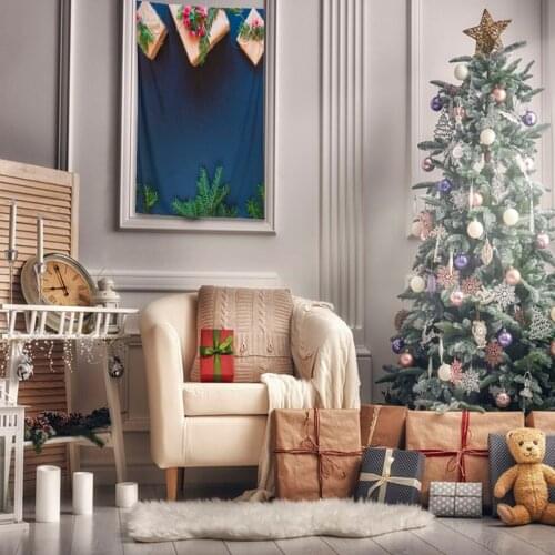 Tapestry Wrapped Gifts with Pine Tree Leaves Branches and Berries New Year Celebration Photo Blue Green