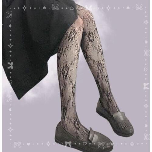 Japanese Lolita Pantyhose Women Vintage Hollow Roses Fishnet Stockings Dress Ornaments Loli Stockings Girly Socks