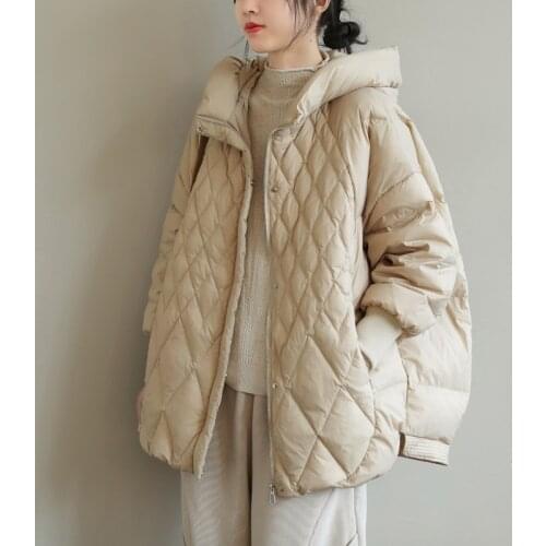 2021 Winter New Warm Down Jacket Pressure Line Diamond Plaid White Duck Down Thin Loose Large Size Hooded Jacket Fashion Trend