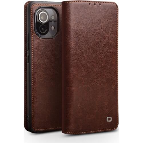 Qialino Fashion Genuine Leather Phone Cover For Xiaomi 11 10 Pro Ultra Pure Handmade Flip Case With Card Slots Bracket Function