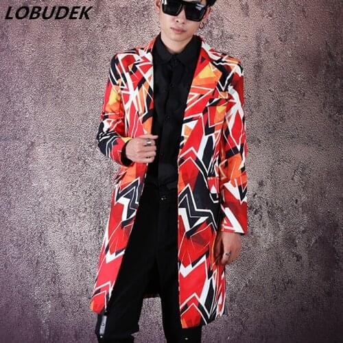 Male Singer Fashion Korean Style Colored Graffiti Blazer Geometric Pattern Long Coat Streetwear Hip Hop Blazers Stage Costume