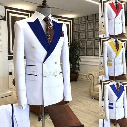 2021 Brand New White Groom Wedding Suit Slim fit Custom Made Prom Dinner Men Tuxedo Double Breasted Jacket With Pants 2 Pieces