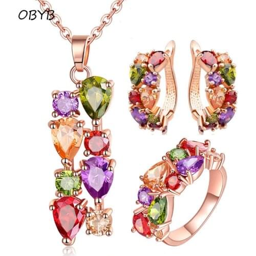 Aristocratic Luxury Mona Lisa Jewelry Sets Rose Gold Color Rings Necklace Earrings For Women Colorful Crystal Zircon Jewellery