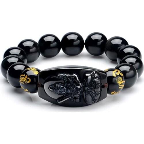 Obsidiana negra Natural tallada Buda amuleto de la suerte pulsera de cuentas redondas para Mujeres Hombres pulsera joyerí