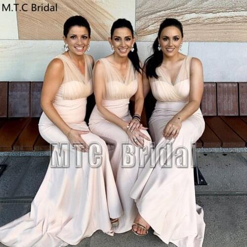Wholesale Light Champagne Mermaid Bridesmaid Dresses Plus Size Tulle Satin V Neck Long Wedding Guest Party Dress Cheap