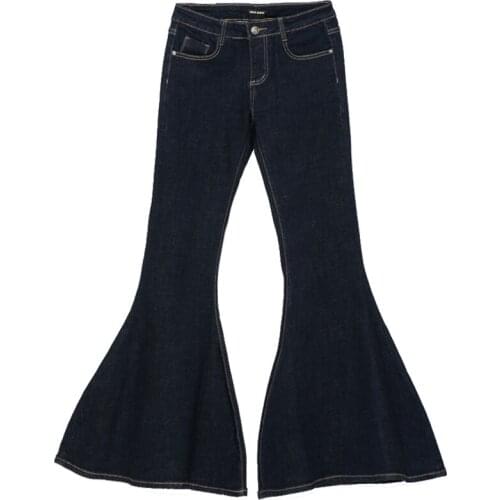 Sale! spring fall women fashion vintage mid waist solid flare jeans wide leg big bell bottom long slim denim trousers 30