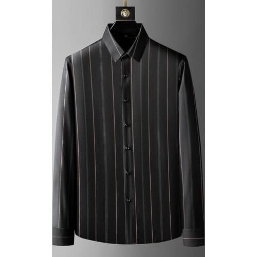 Luxury Golden Striped Casual Business Shirts Men 2021 Autumn Long Sleeve Slim Social Party Formal Dress Shirts Streetwear Camisa