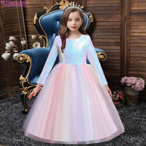 Girls Long Sleeve Sequined Christmas Dress Kids Dresses For Girls Flower Wedding Evening Clothing Princess New Year Costume