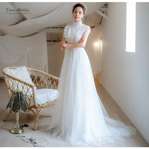 High Neck Lace Wedding Dress Sleeveless A Line Open Back Illusion Elegant Simple Tulle Boho Bridal Gown With Sweep Train TT390