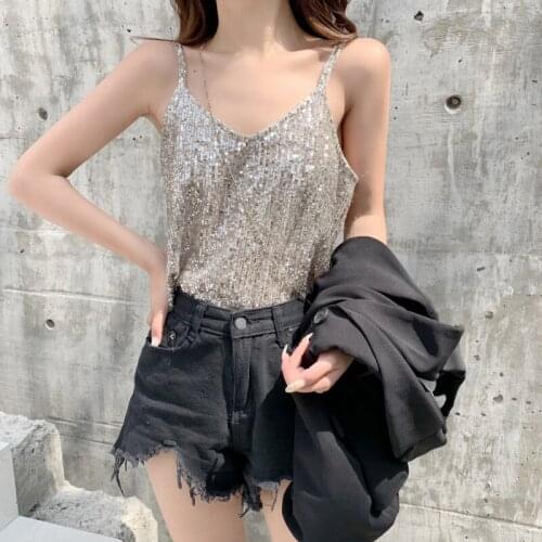 Women Sexy V Neck Glitter Sleeveless Sling Shirts Female Loose Sequined Tank Top Ladies Fashion Clothes New Hot Crop Top