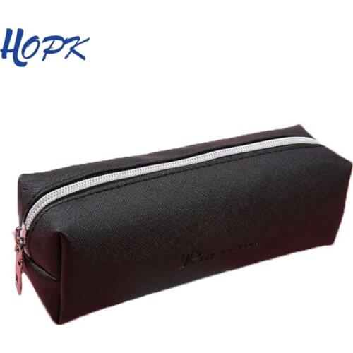 HOPK Vintage Black PU Leather Pencil Case School Pencilcase Big Retro Pencils Box for Girls Gift School Supplies Tools