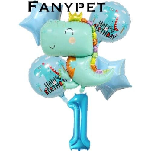 6pcs/lot 40inch Light Blue Number Balloons with Crown Dinosaur Balloon Children Boy Dinosaur Word Theme Birthday Party Decor