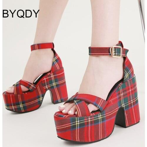 BYQDY Great Quality Vintage Retro Scotch Plaid Summer Platform Sandals Women Shoes High Heel Gothic Style Comfortable Plus Size