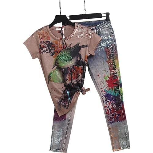 Summer Vintage Print Tshirt Pencil Denim Pants 2 Piece Set Women Loose Short sleeve T shirt Jeans Suit Female Fashion Streetwear