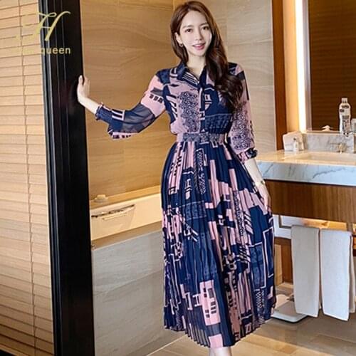 H Han Queen Vintage Print Elegant Long Dress Women Autumn Pleated Dresses Korean Slim Ankle-length Office Casual Party Vestidos