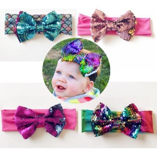1pc 5 Inches Hair Bow Headbands For Baby Girls Boys Sequins Scale Decorated Toddlers Elastic Hair Bands Kids Hair Accessories
