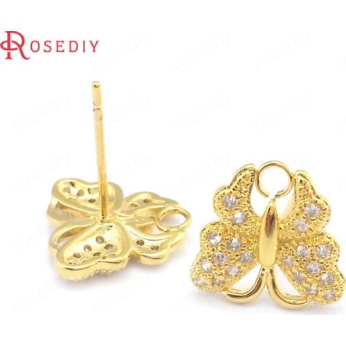 39641)4PCS 24K Gold Color Brass and Zircon Butterfly Stud Earrings Pins Earrings Jewelry Making Supplies Findings Accessories