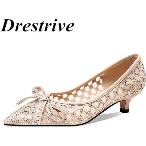 Drestrive Women Pumps Butterfly Knot Pointed Toe Thin Heels Mesh Hot Drilling Hollow Black Crystal 2021 Summer Shoes