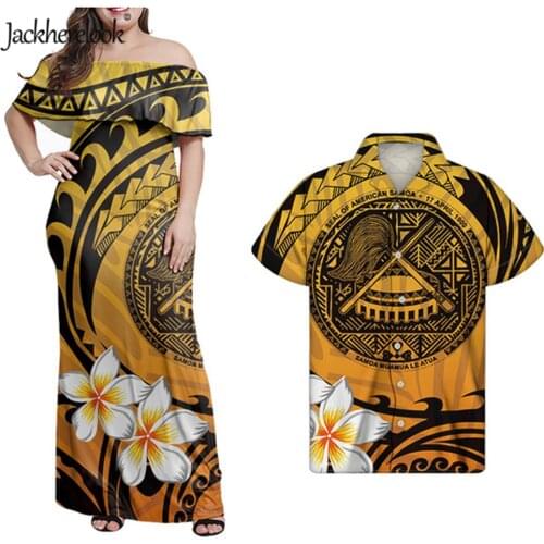Jackherelook Hot Sale Polynesain Hawaiian Tops Couples Set Vintage American Samoa Hibiscus Style Off Shoulder Long Club Dress