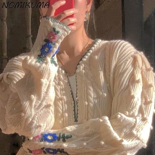 Nomikuma Sweet Fashion Knitted Cardigan Autumn Winter New Women 2021 New Sweater Coat Chic Floral Balls Knitwear Outwear 6K994