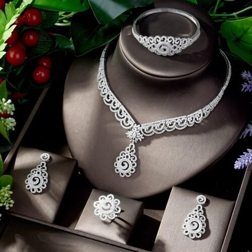 HIBRIDE Beauty Flower Design Dubai Jewelry Sets for Women Elegant Cubic Zircon Paved Bride 4pcs Wedding Sets Accessories N-1220