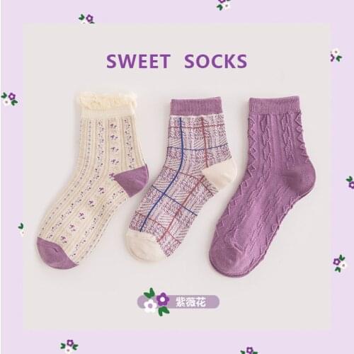 3 Pairs Womens Socks Set Spring Summer Cotton Lagerstroemia Indica Flowers Pattern Sweet Cute Kawaii Girl Socks PrettyGift