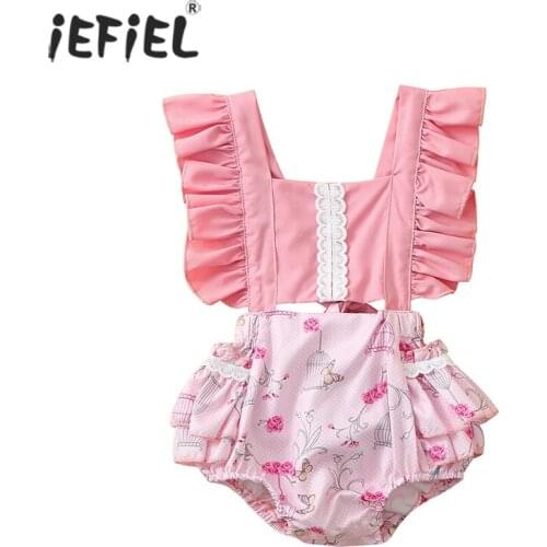 2021 Summer Yellow Newborn Baby Girl Clothes Sets Sunflower Print Ruffle Sleeveless Backless Romper Jumpsuit Outfits Clothes