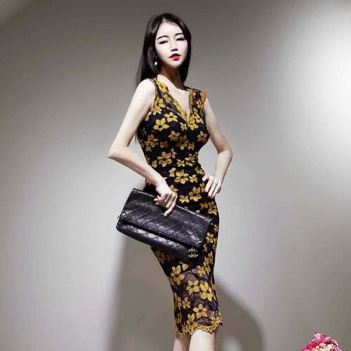 Fashion summer sleeveless v-neck dress new arrival temperament sexy formal dress elegant slim cute lace print pencil dress