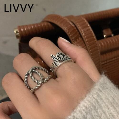 LIVVY Silver Color Fashion Creative Castle Rings Hollow Cross Charm Women Trendy Adjustable Jewelry Party Gifts