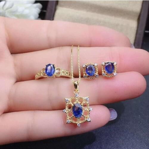 Real Natural Sapphire jewelry set Natural Real Sapphire 925 sterling silver 1pc pendant,1pc ring,2pcs Earring
